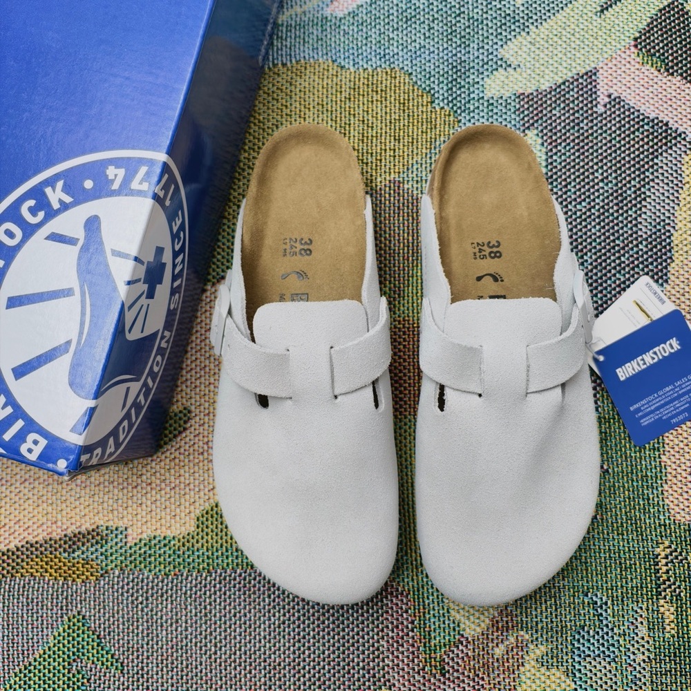 Women's White Suede Birkenstock Boston Shoes - Narrow Fit